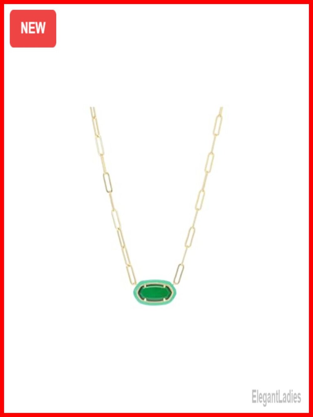 Gold Plated Oval Pendant Necklace with Paperclip Chain and Enamel Frame
